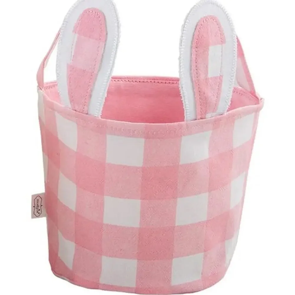 2 pc Mud Pie Pink Check Bunny Baskets Bunny Tail Canvas and Bunny Ears Pink Che